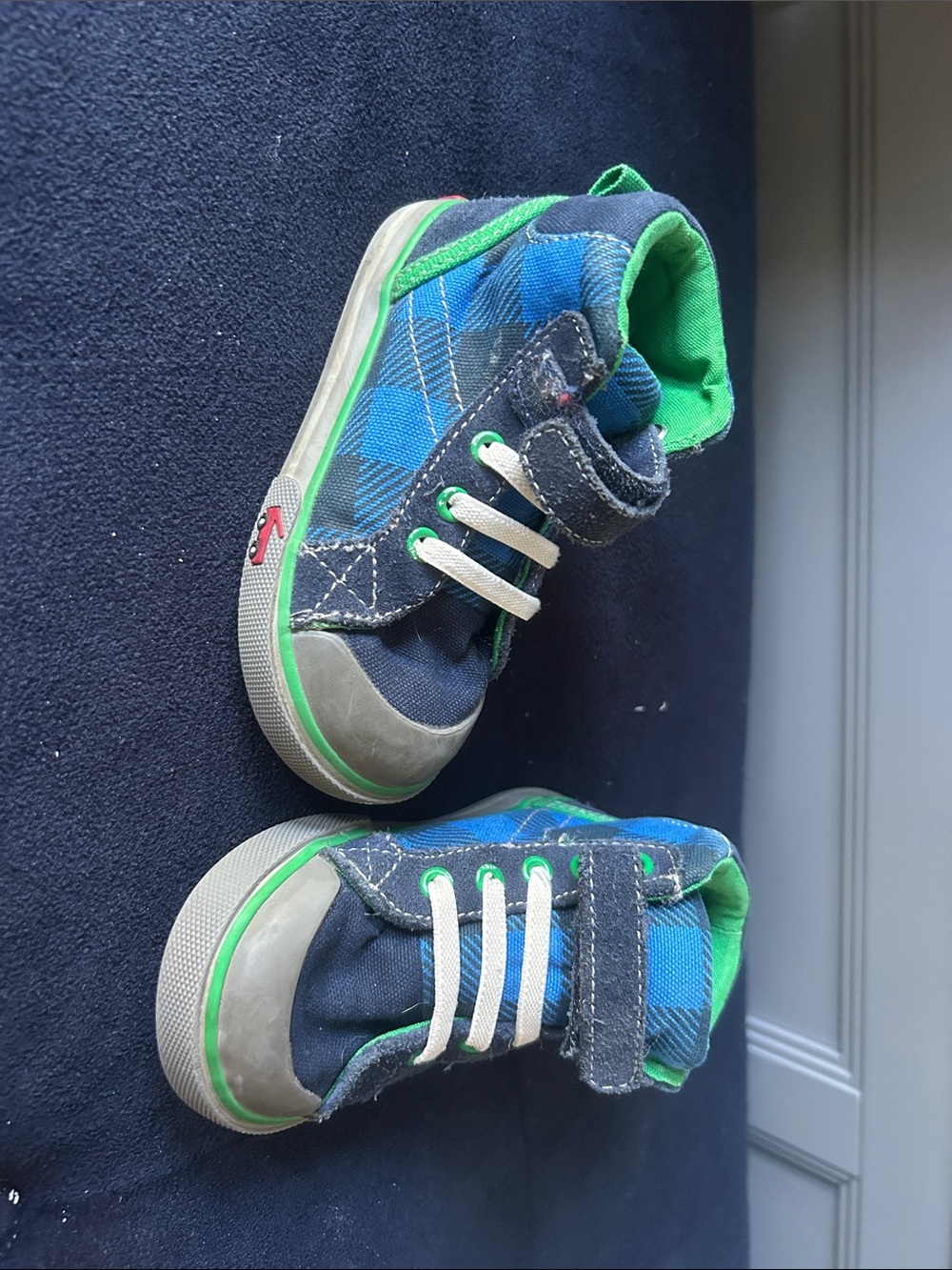 See Kai Run Navy & Blue Plaid Sneakers with Green Accents